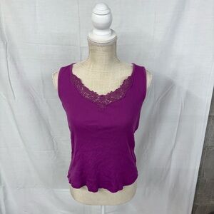 Y2K 90s Ralph Lauren Women's Purple Lace-Trim Tank Top Ribbed Knit